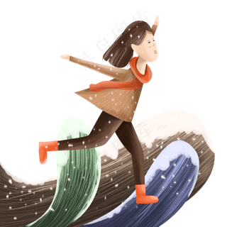 冬季雪中奔跑的女孩