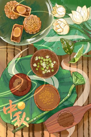 中国风古风水彩中秋节月饼团圆莲花荷叶配图