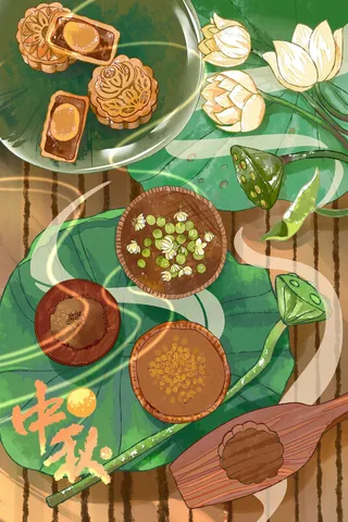 中国风古风水彩中秋节月饼团圆莲花荷叶配图