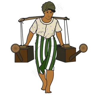 立秋手绘矢量劳作挑水女士人物透