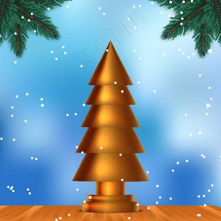 金色圣诞树雕塑。蓝色天空背景和雪花的木材上的美丽优雅和奢华的设计。冷杉叶花环装饰。圣诞节庆祝