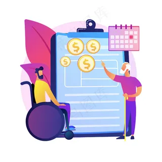 社会保障福利抽象概念说明。社保、申请表、福利计算器、养老保险、残疾收入、代理人