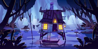 沼泽中的高跷屋，晚上有船