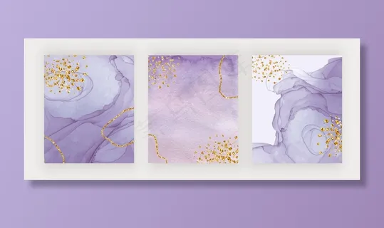 紫色酒精墨水和水彩画纹理覆盖着金色闪光五彩纸屑