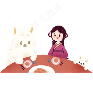 卡通小女孩和小兔子一起吃月饼