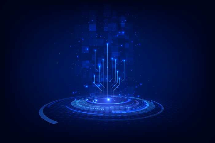 抽象区块链科幻圆形拨号hud技术概念背景。