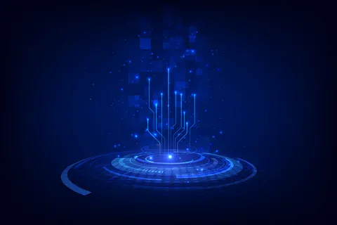 抽象区块链科幻圆形拨号hud技术概念背景。