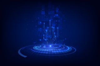 抽象区块链科幻圆形拨号hud技术概念背景。