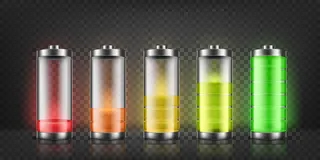 一组电池充电指示灯，低和高能量水平在背景上隔离。