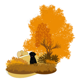 手绘卡通秋天大树下枯黄草丛中的