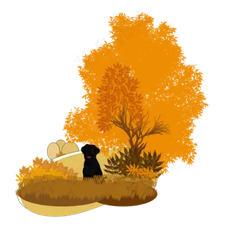 手绘卡通秋天大树下枯黄草丛中的