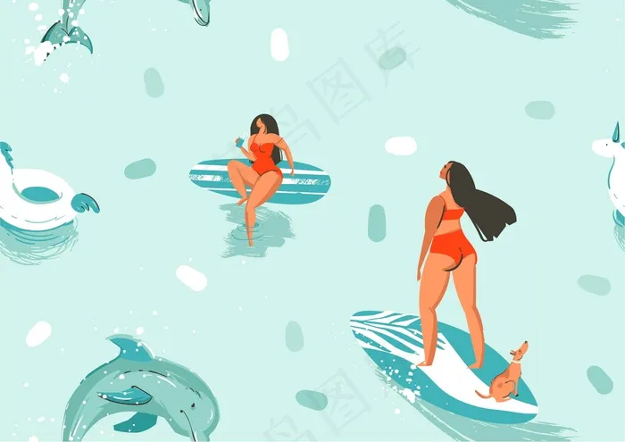 手绘股票抽象可爱的夏季卡通插图与冲浪板女孩和海豚在蓝色的海水背景无缝模式