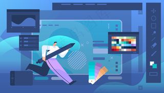 设计师在图形编辑器中用笔绘图人工创建网站用户界面图形设计ui创意服务理念水平全长矢量插图