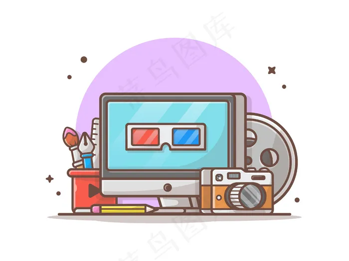 多媒体图标插图。桌面、文具、相机、技术图标概念白色隔离eps,ai矢量模版下载