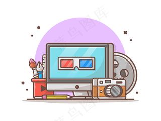 多媒体图标插图。桌面、文具、相机、技术图标概念白色隔离