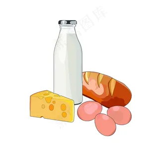 健康早餐牛奶，面包，鸡蛋，奶酪。蛋白质农场食品。图解