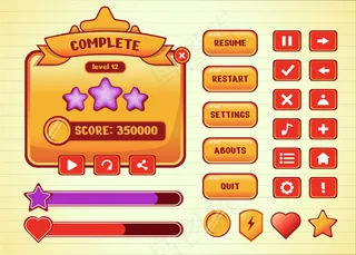 设计一套完整的得分按钮游戏弹出窗口，图标，窗口和元素创造中世纪的rpg视频游戏