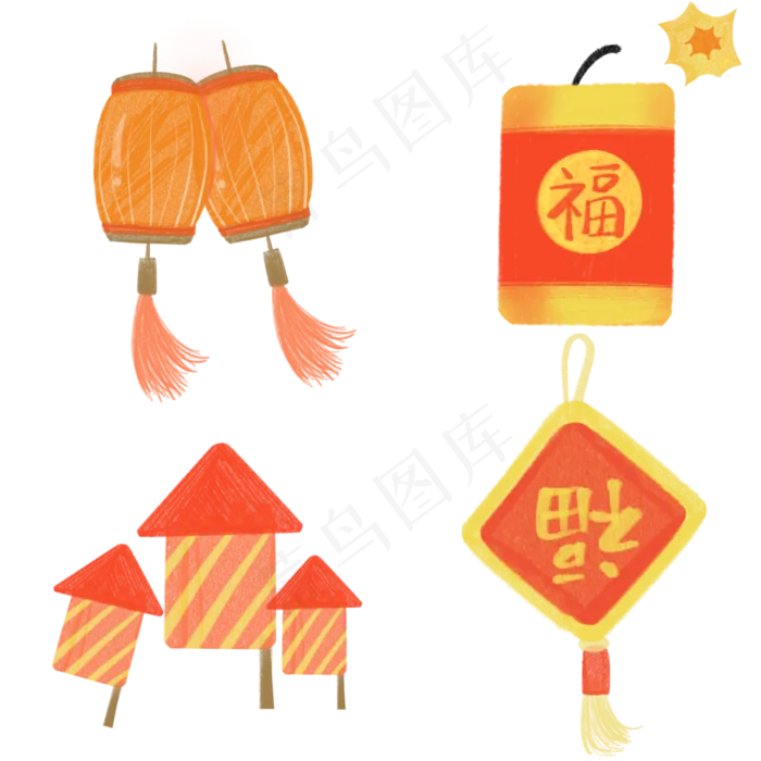 水彩新年灯笼炮竹(3000X3000(DPI:300))psd模版下载