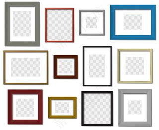 相框。墙画不同颜色的框架，现代的方形边框和逼真的阴影集。最小的内部相框模型样机在透明背景上。摄影边界