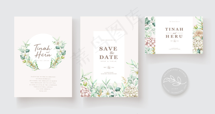 手绘水彩花卉婚礼请柬模板