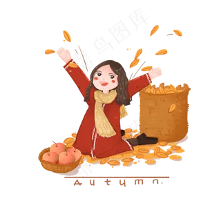 童话风配图秋天落叶中玩耍的女孩