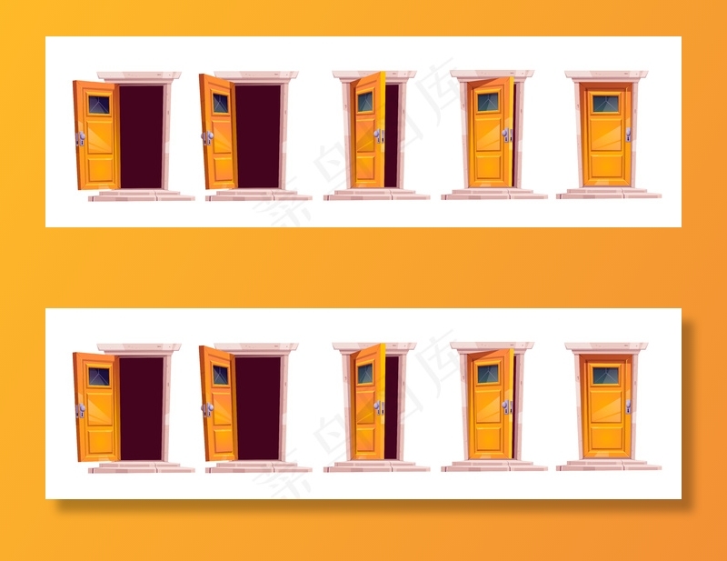 卡通关门动作序列动画。半开半关木门，内有石阶和黑暗