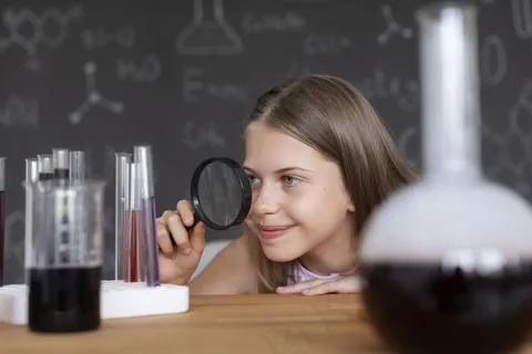 在课堂上学习更多化学知识的漂亮女孩