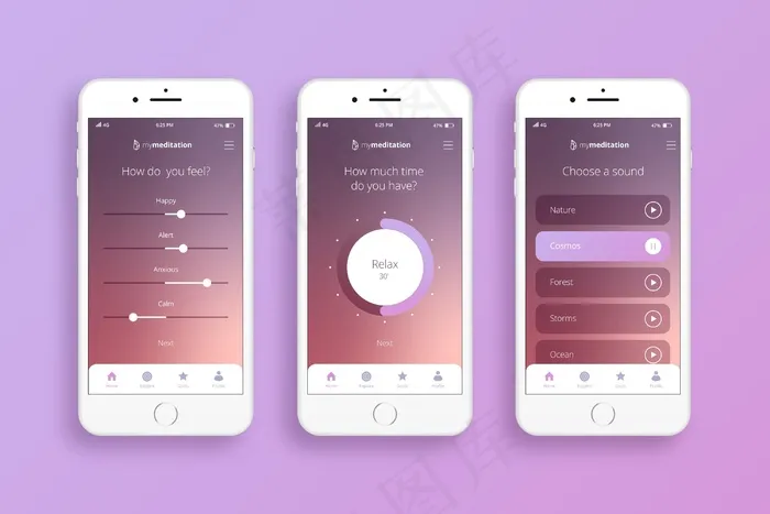 冥想应用程序屏幕集合eps,ai矢量模版下载
