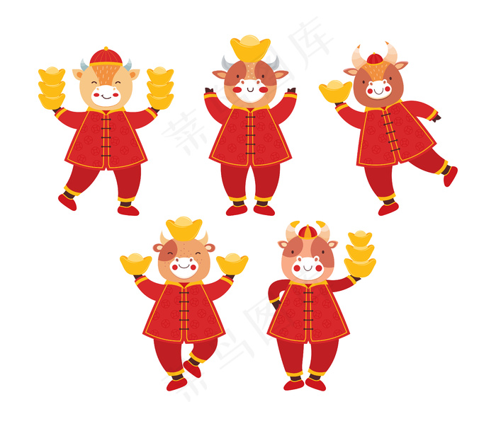 2021年农历新年牛犊。让小牛穿上中国传统的红色衣服，并配上金币和金条eps,ai矢量模版下载