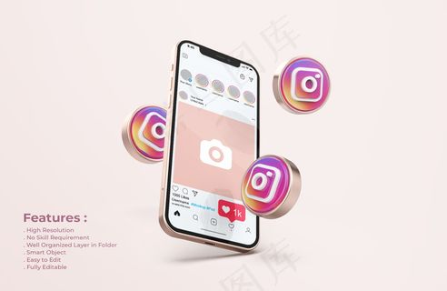 玫瑰金手机模型样机上的Instagram