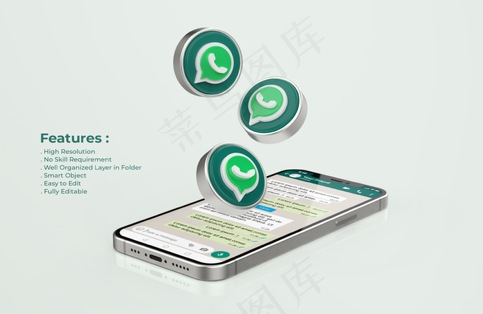 Whatsapp的银色手机模型样机psd模版下载