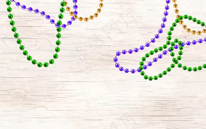 多色3d金色、绿色、紫色珠子独立于木质背景上。狂欢节装饰品。eps,ai矢量模版下载