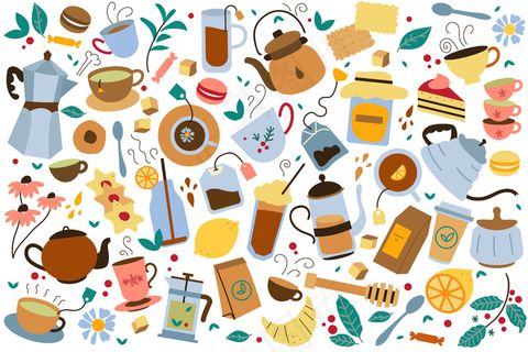 茶点涂鸦套装。收集五颜六色的茶壶袋壶饼干和蜂蜜隔离在白色。不健康的营养与咖啡因卡通插图。