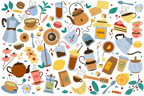 茶点涂鸦套装。收集五颜六色的茶壶袋壶饼干和蜂蜜隔离在白色。不健康的营养与咖啡因卡通插图。 茶点涂鸦套装。收集五颜六色的茶壶袋壶饼干和蜂蜜隔离在白色。不健康的营养与咖啡因卡通插图。