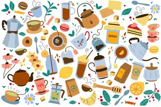 茶点涂鸦套装。收集五颜六色的茶壶袋壶饼干和蜂蜜隔离在白色。不健康的营养与咖啡因卡通插图。