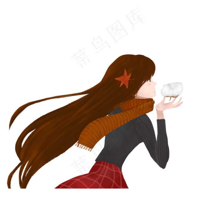 手绘拿着棉花的秋季女孩设计可商