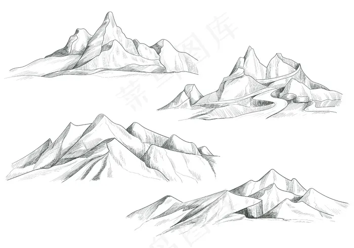 手绘山景集素描设计eps,ai矢量模版下载