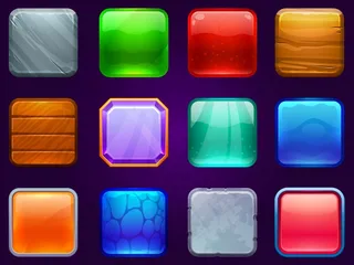 游戏界面方形按钮。金属、钢、木和钻石纽扣框架。卡通光泽按钮集。