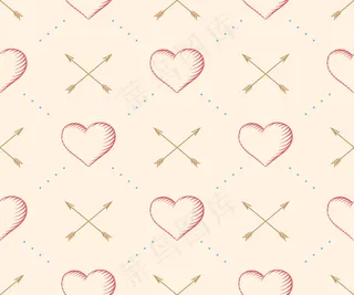 为情人节在米色背景上雕刻经典风格的心形和箭头的无缝图案。手绘的。插图。