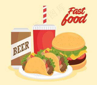 快餐海报、汉堡三明治和饮料