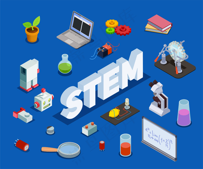 Stem教育等距作文，包含繁杂的文本和与科学技术工程数学相关的孤立项目eps,ai矢量模版下载