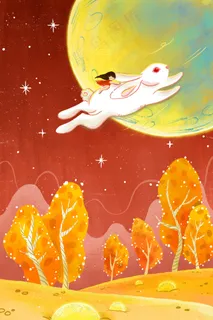 唯美治愈手绘中秋节玉兔兔子女孩月亮秋天
