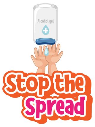 用手停止传播字体使用隔离在白色背景上的酒精凝胶