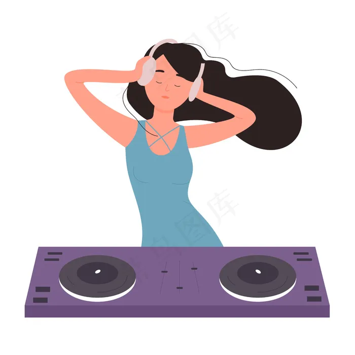 音乐派对插画上的Dj美女。女dj角色与转盘混音器在夜总会制作当代音乐，旋转光盘。eps,ai矢量模版下载