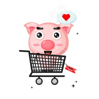 可爱的猪吉祥物在购物车与黑色星期五折扣