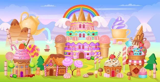 安迪城有蛋糕城堡，房子里有蛋糕、冰淇淋、糖果、棒棒糖和饼干。