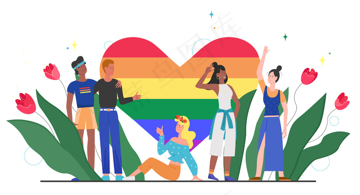 Lgbt骄傲彩虹心概念图。卡通快乐多元的lgbt社区人与彩虹心站在一起，象征着爱、平等、宽容eps,ai矢量模版下载