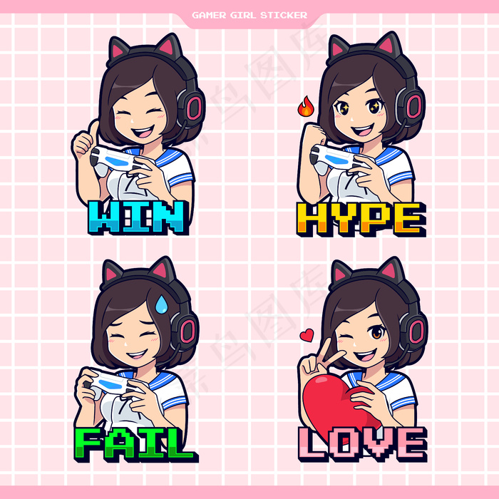 kawaii gamer girl表情贴纸套装eps,ai矢量模版下载