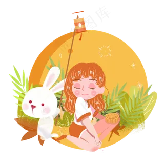 中秋圆月兔子月饼女孩png素材
