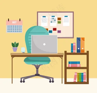 家庭办公室内部桌面工作区电脑书籍日历和说明板插图